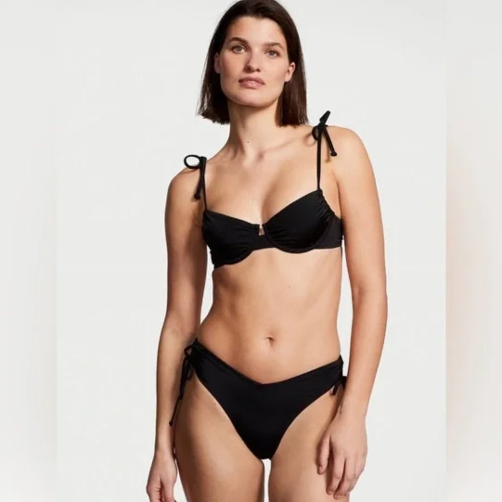 Victoria's Secret Swim Ruched Shine Cheeky Bikini Bottom (Black, Size M)